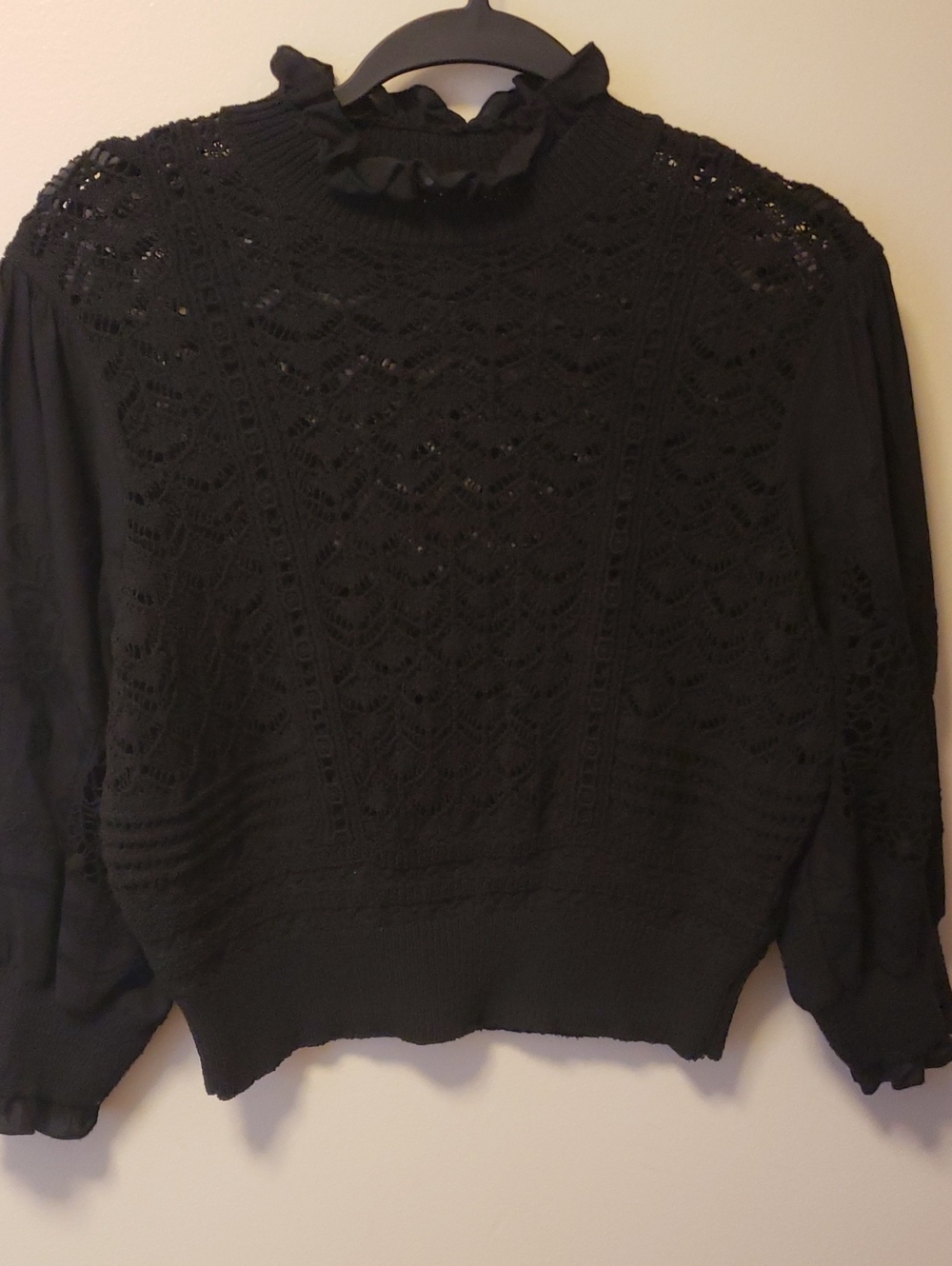 Adorable Zara Black Lace-Style Knit Ruffle Neck Sweater